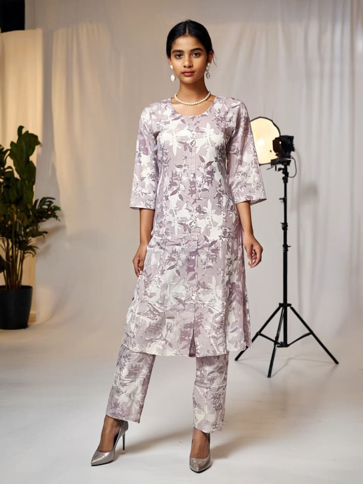 D.Gokuldas NX - White And Lavinder Leaves Kurti